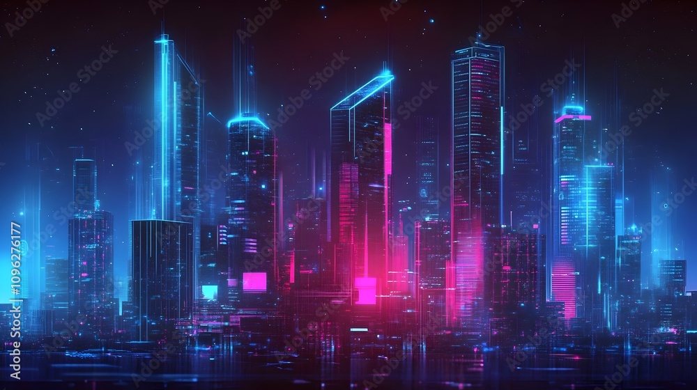 Obraz premium Metaverse Futuristic technology smart city.. Digital futuristic data skyscrapers on technological blue background. Business, science, internet concept,big data connection technology concept. 3d render