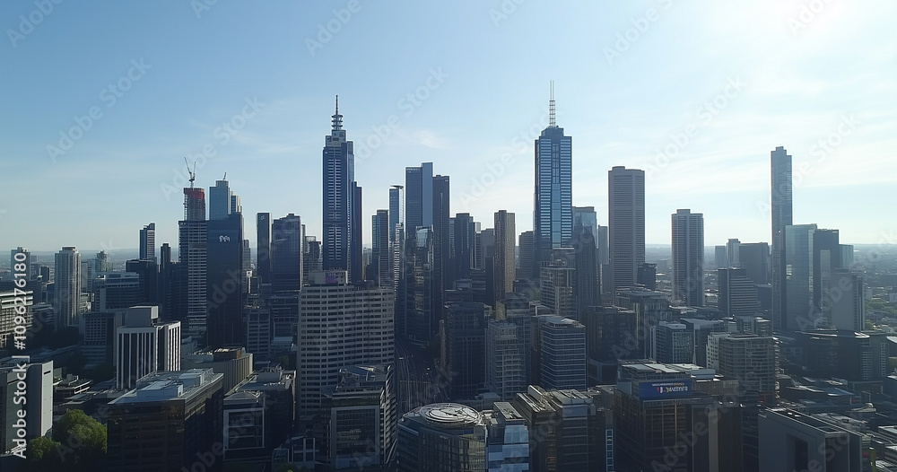 Modern Skyline with High-Rise Office Buildings under Blue Sky Modern Skyline with High-Rise Office Buildings under Blue Sky