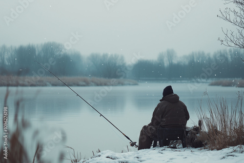 fisherman sitting on the lake, winter fishing picture