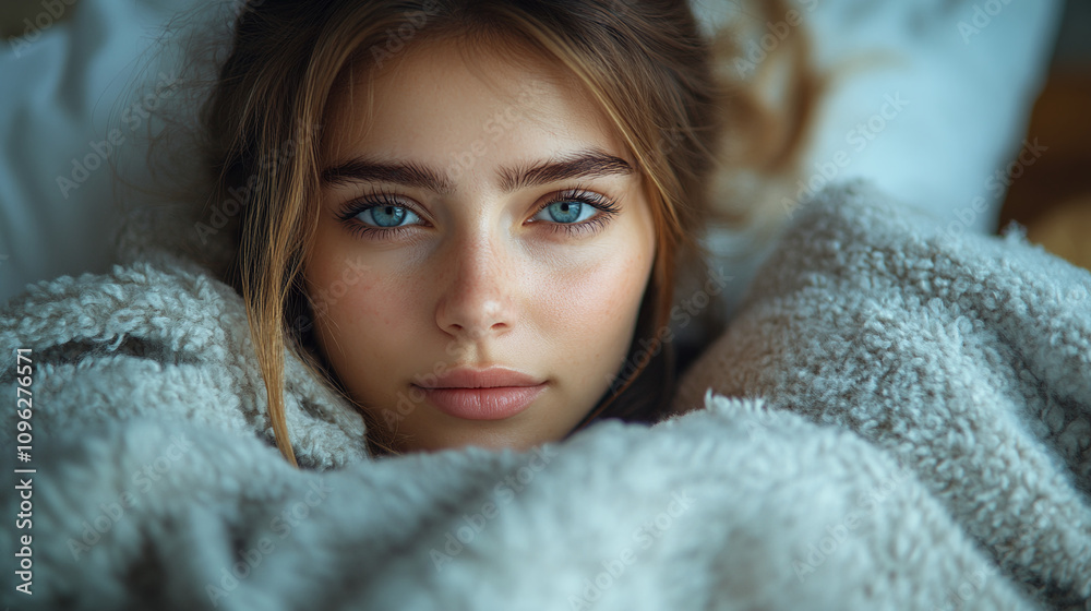 sick Girl with a cold, feeling unwell Lying in bed at home Girl has symptoms of acute respiratory viral infection sick Girl with a cold, feeling unwell Lying in bed at home Girl has symptoms of acute respiratory viral infection
