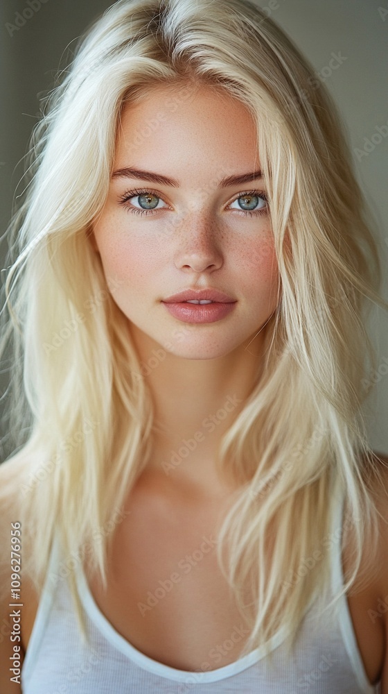 Ethereal beauty captured in soft light: a close-up portrait of a young woman with striking blue eyes, flawless skin, and flowing platinum blonde hair. Ethereal beauty captured in soft light: a close-up portrait of a young woman with striking blue eyes, flawless skin, and flowing platinum blonde hair.