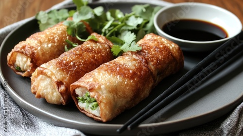 Crispy deep-fried spring rolls filled with colorful vegetables, garnished with fresh coriander, served with soy sauce and black chopsticks on a grey plate.