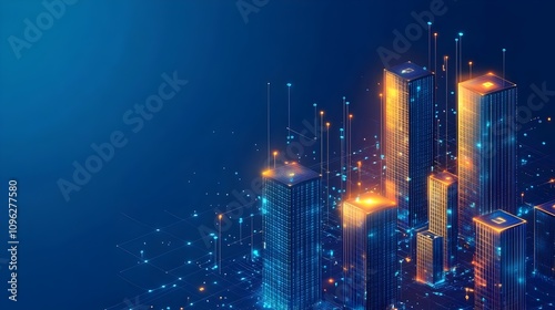 Metaverse Futuristic technology smart city.. Digital futuristic data skyscrapers on technological blue background. Business, science, internet concept,big data connection technology concept. 3d render photo