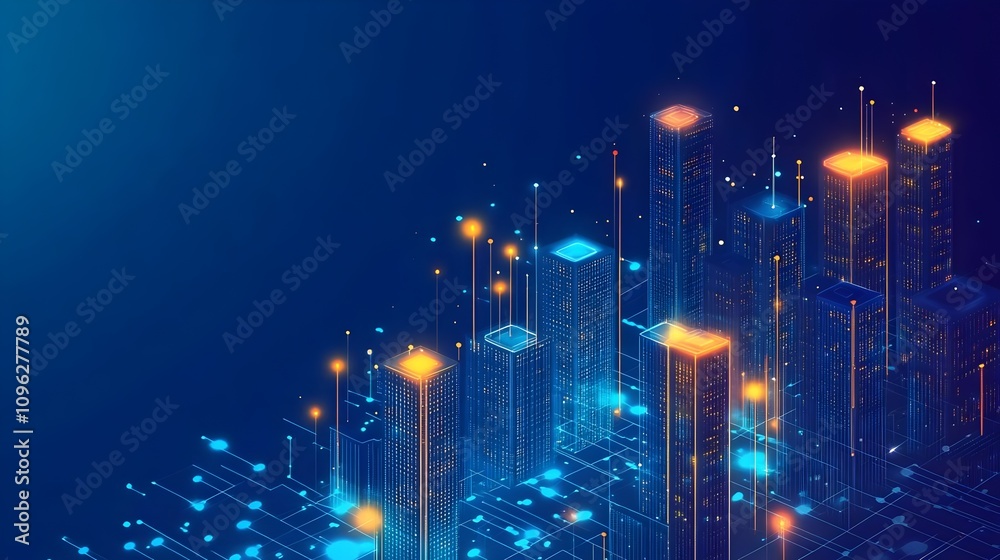 Fototapeta premium Metaverse Futuristic technology smart city.. Digital futuristic data skyscrapers on technological blue background. Business, science, internet concept,big data connection technology concept. 3d render