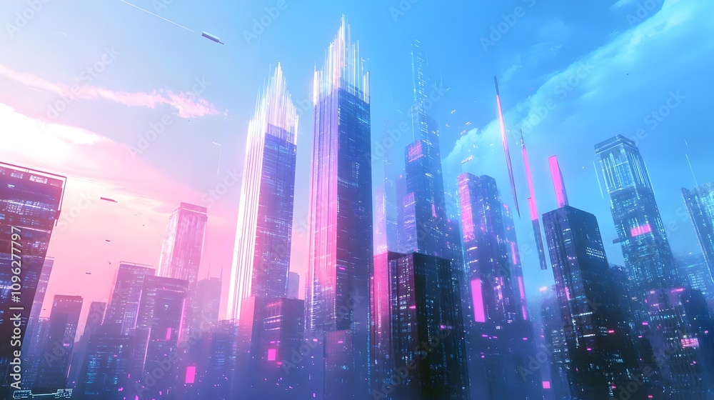 Metaverse Futuristic technology smart city.. Digital futuristic data skyscrapers on technological blue background. Business, science, internet concept,big data connection technology concept. 3d render Metaverse Futuristic technology smart city.. Digital futuristic data skyscrapers on technological blue background. Business, science, internet concept,big data connection technology concept. 3d render