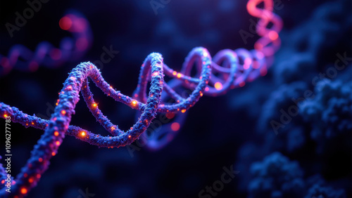 Stunning 3D rendering of Unique Molecular Identifier (UMI) strands in vibrant blue and red with a blurred background emphasizing their importance. photo