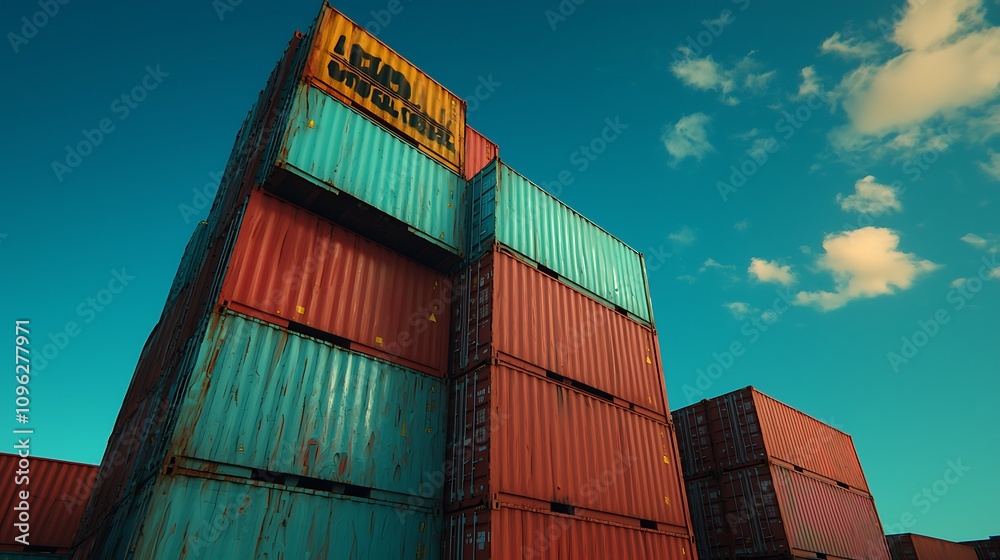 Fototapeta premium Stack of Colorful Shipping Containers Against a Clear Blue Sky Highlighting Industrial Transport and Global Trade Activities in a Modern Harbor Setting