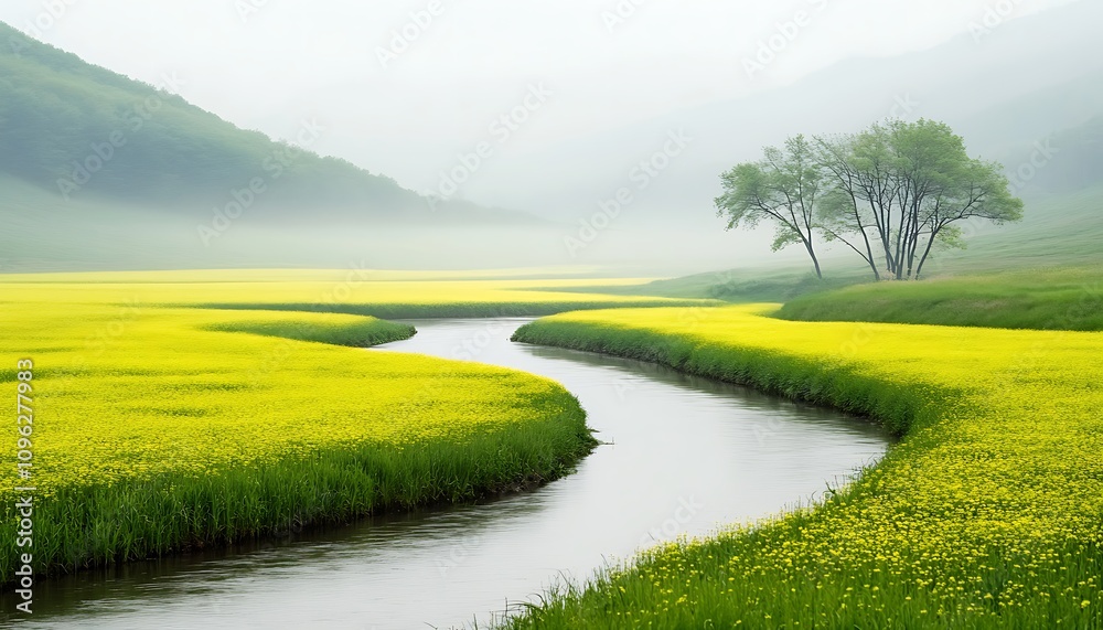 Obraz premium A serene landscape featuring a winding river through vibrant yellow fields and misty hills.