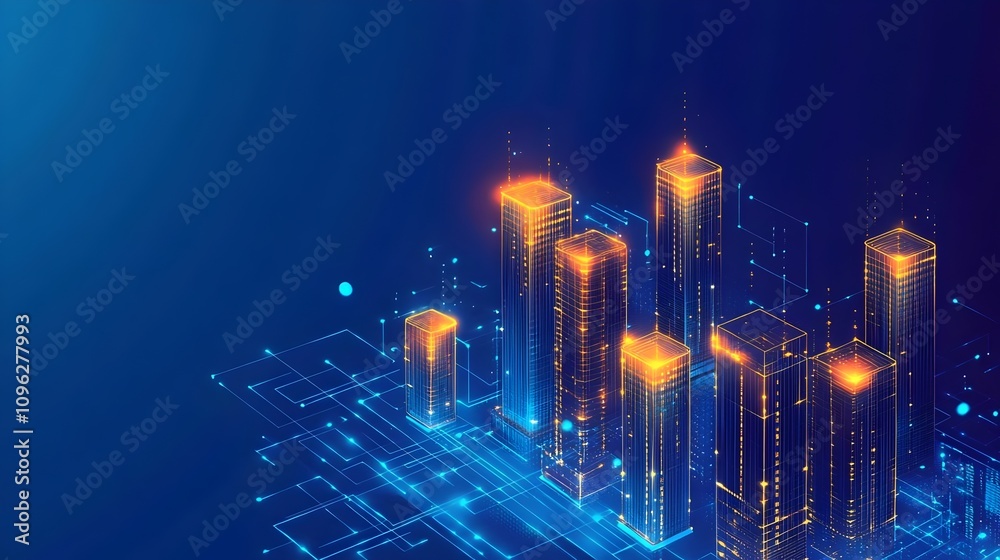 Fototapeta premium Metaverse Futuristic technology smart city.. Digital futuristic data skyscrapers on technological blue background. Business, science, internet concept,big data connection technology concept. 3d render