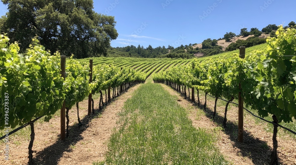 Vibrant green grapevines stretch across a wide vineyard under clear blue skies, showcasing neatly arranged rows and a lush landscape. Vibrant green grapevines stretch across a wide vineyard under clear blue skies, showcasing neatly arranged rows and a lush landscape.