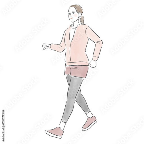 ウォーキングをするスポーツウェアを着た若い女性の全身