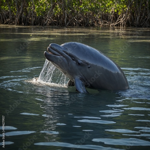 Irrawaddy dolphin playing in glowing mangrove waters.

 photo