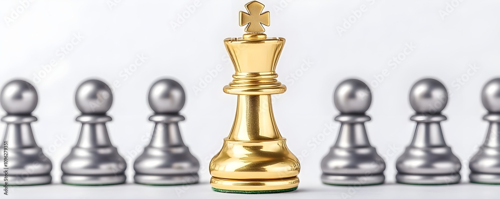 Golden Chess Piece Surrounded by Gray Chess Pieces Symbolizing Strategy and Competition in a Game of Kings Golden Chess Piece Surrounded by Gray Chess Pieces Symbolizing Strategy and Competition in a Game of Kings