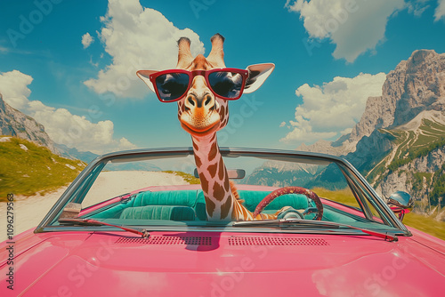 a giraffe with sunglasses and a giraffe head is in a pink car.