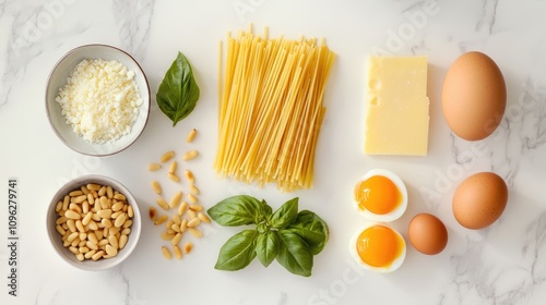 Fresh culinary ingredients for Italian pasta sauce including spaghetti, eggs, pine nuts, basil, and grated cheese on a marble countertop.