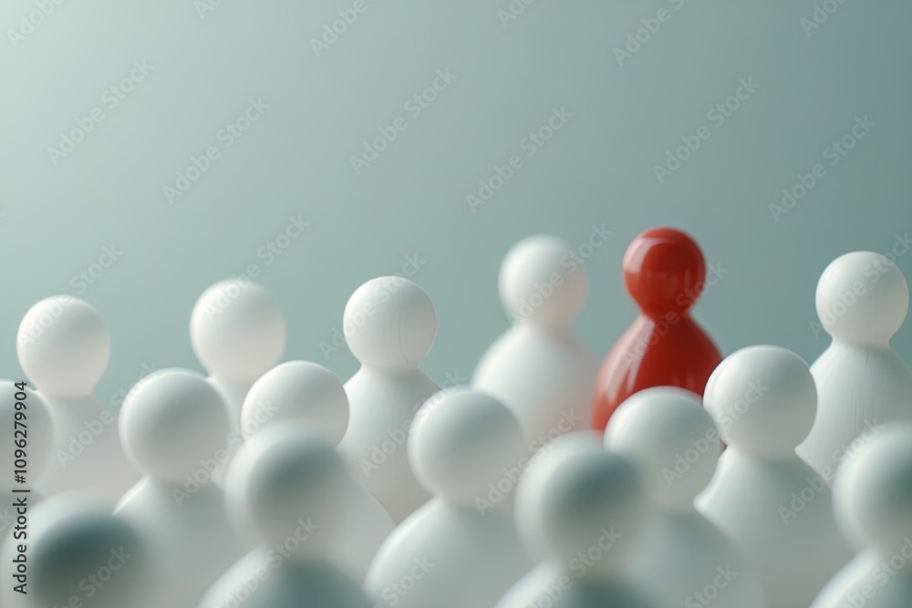 Unique red figure stands out among a circle of white figures in a minimalistic setting Unique red figure stands out among a circle of white figures in a minimalistic setting