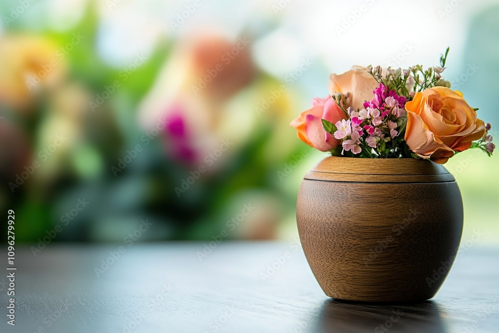 Wooden Vase with Colorful Flowers on Table. Wooden Vase with Colorful Flowers on Table.