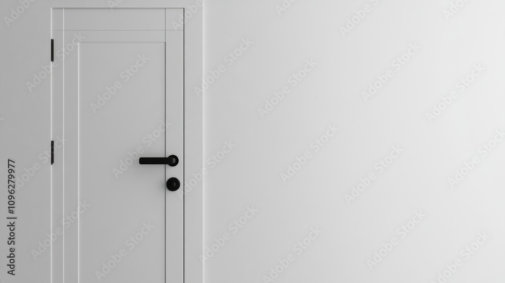 Fototapeta premium Minimalist white door with sleek black handle and lock against a smooth white wall, perfect for contemporary interior design and home improvement inspiration.