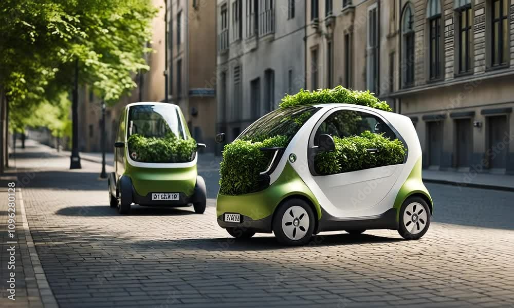 Small electric car in the city. Small electric car in the city.