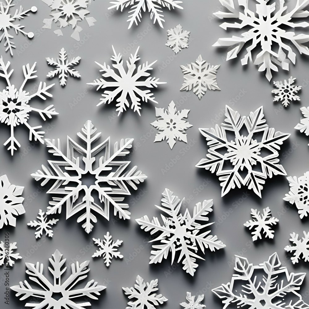 Fototapeta premium Delicate cutout snowflakes on a clean background, showcasing intricate designs. Perfect for winter, holiday, and minimalist decor themes.