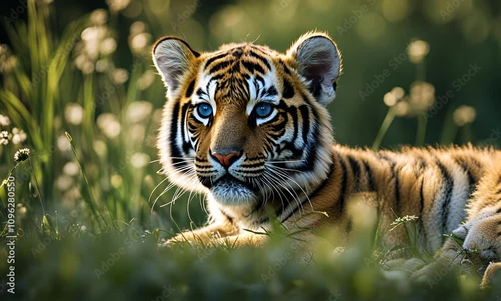 Baby tiger in the savannah.