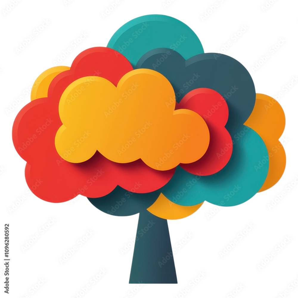 A colorful, stylized tree composed of layered cloud-like shapes in vibrant hues of red, orange, teal, and yellow. A colorful, stylized tree composed of layered cloud-like shapes in vibrant hues of red, orange, teal, and yellow.