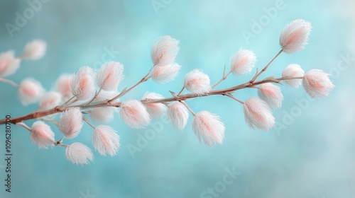 Fluffy willow branches in bloom with pastel pink and blue hues captured in macro against a soft turquoise background in an ultra-wide format. photo