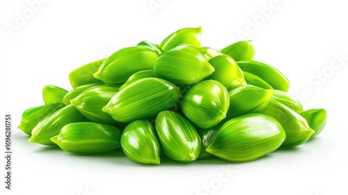 Wallpaper Mural Vibrant green corn seeds piled together, showcasing their smooth texture and shiny surface against a clean white backdrop. Torontodigital.ca