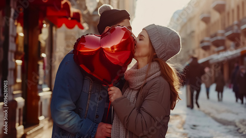 Wallpaper Mural A couple shares a kiss on the street, holding a heart-shaped balloon. Valentine's Day vibes filled with love and gifts. Torontodigital.ca
