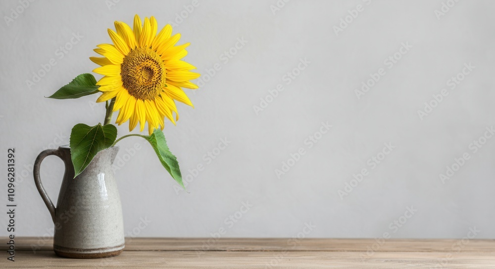 Bright sunflower in ceramic vase on wooden surface Bright sunflower in ceramic vase on wooden surface