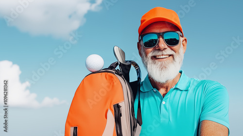 Elderly man in vibrant golf attire with equipment, exuding joy and enthusiasm for sport on clear blue sky background. Concept of active aging, leisure life of seniors, retirement.