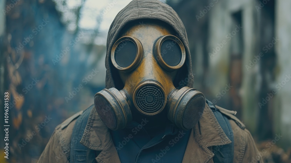 Person in a gas mask surveying a desolate, war-torn landscape surrounded by debris, emphasizing survival in a post-apocalyptic setting. Person in a gas mask surveying a desolate, war-torn landscape surrounded by debris, emphasizing survival in a post-apocalyptic setting.