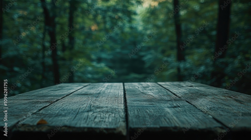 Fototapeta premium Wooden tabletop in the foreground with a soft-focus dark green forest scene in the background, creating a serene and natural atmosphere.