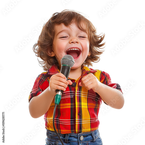 Cute little boy singing into a microphone, isolated on transparent cutout background
