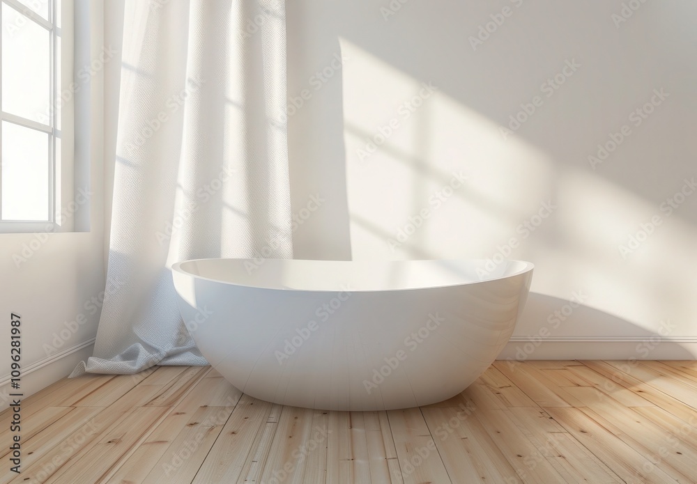 A white bathtub sits in a minimalist bathroom with a large window, allowing sunlight to stream in and illuminate the room. The wooden floor adds warmth to the space, creating a serene and inviting atm A white bathtub sits in a minimalist bathroom with a large window, allowing sunlight to stream in and illuminate the room. The wooden floor adds warmth to the space, creating a serene and inviting atm