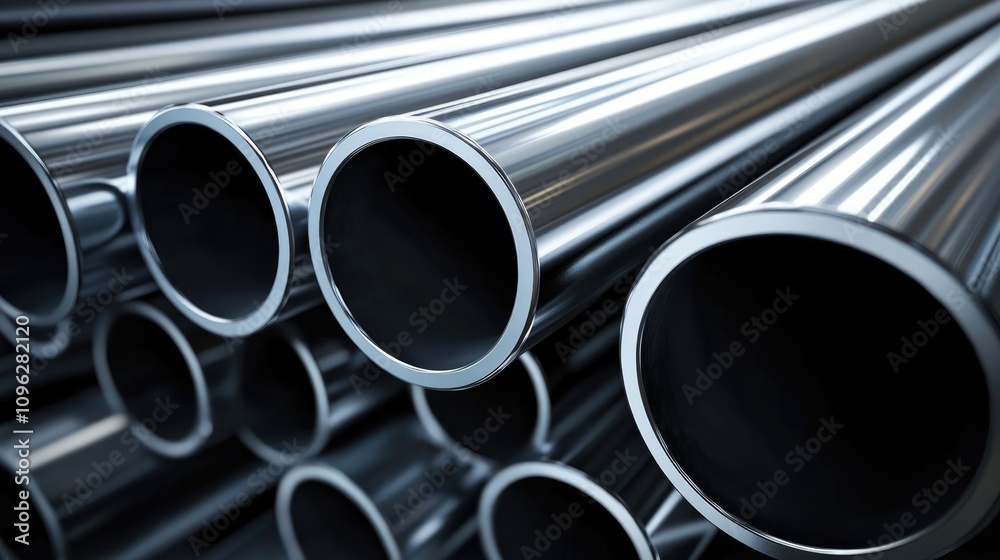 Shiny Steel Industrial Pipeline Close-Up Showcasing Smooth, Hollow Cylinders Reflecting Light and Texture of Modern Infrastructure Shiny Steel Industrial Pipeline Close-Up Showcasing Smooth, Hollow Cylinders Reflecting Light and Texture of Modern Infrastructure