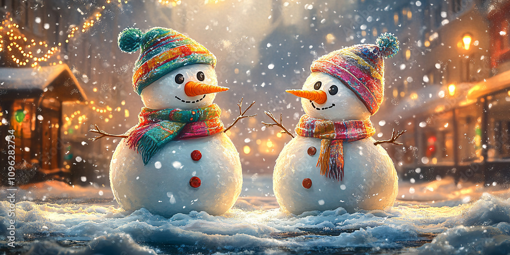 Obraz premium Snowman In Defocused Wintry Landscape, Snowman with Christmas gift on snow
