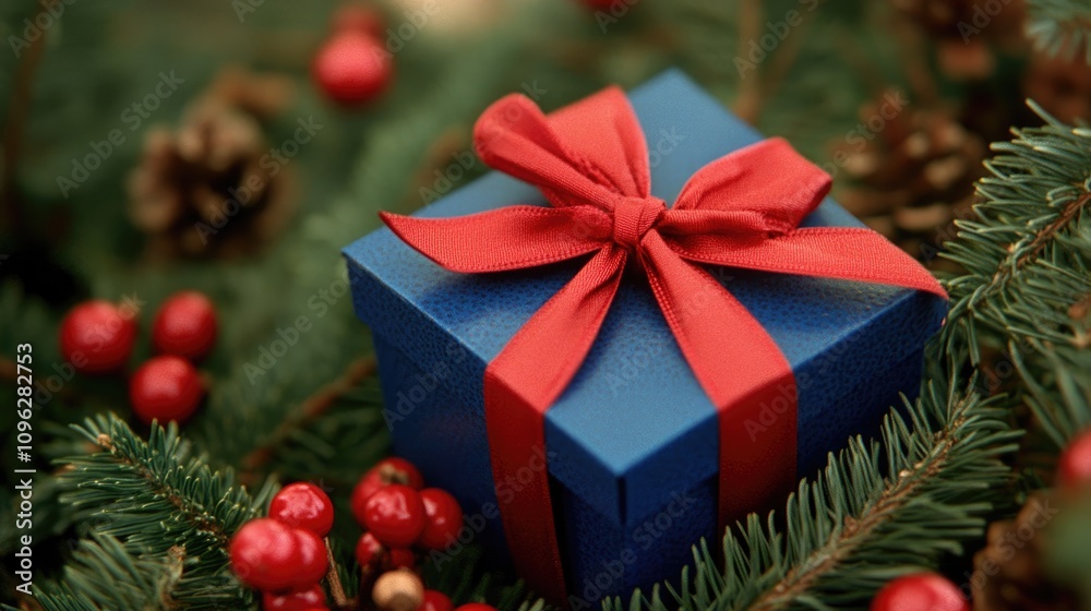 Elegant blue gift box with a red ribbon and bow amongst holiday greenery and festive decorations, featuring pine cones and red berries. Elegant blue gift box with a red ribbon and bow amongst holiday greenery and festive decorations, featuring pine cones and red berries.