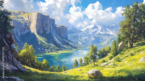 Vast rolling meadows and shimmering lakes surrounded by dramatic cliffs showcasing the sublime beauty of untouched landscapes 