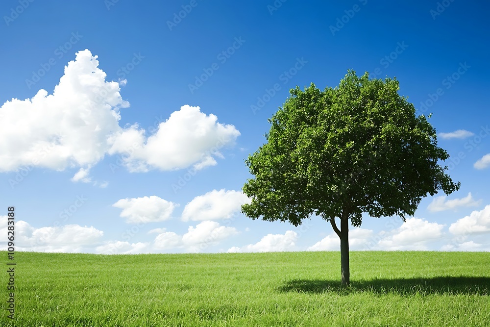 Obraz premium A solitary tree stands on a grassy field under a bright blue sky with fluffy clouds.