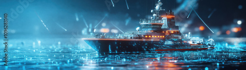Advanced ship navigation system tested in futuristic environment, showcasing high tech vessel illuminated by vibrant lights on rainy night