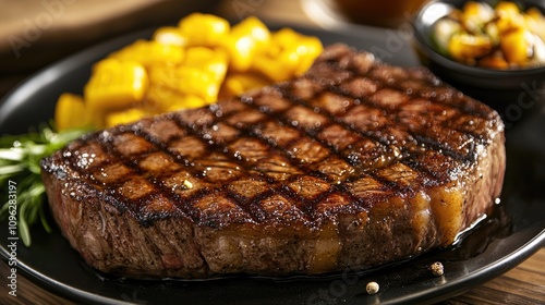 Succulent grilled steak served on a black plate, garnished with fresh herbs, paired with golden mango pieces and vibrant vegetable salad, highlighting exquisite dining elegance.