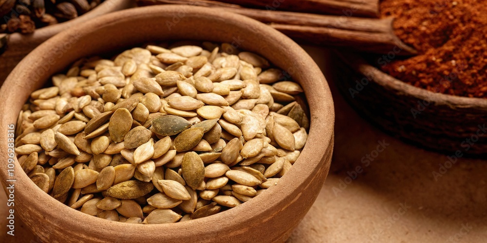 Naklejka premium Bowl of Pumpkin Seeds with Wooden Utensils on a Rustic Table