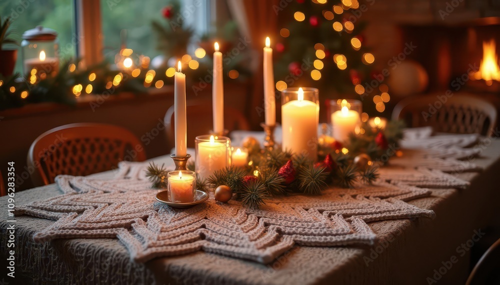 Cozy Christmas Eve Dinner: A Table Setting with Lit Candles, Festive Decorations, and Warm Lighting Creating a Magical Atmosphere