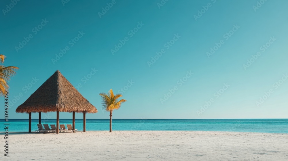 Fototapeta premium Idyllic Beach Scene with Thatched Roof Pavilion Surrounded by Clear Blue Sea and Tranquil White Sand Under a Bright Sky