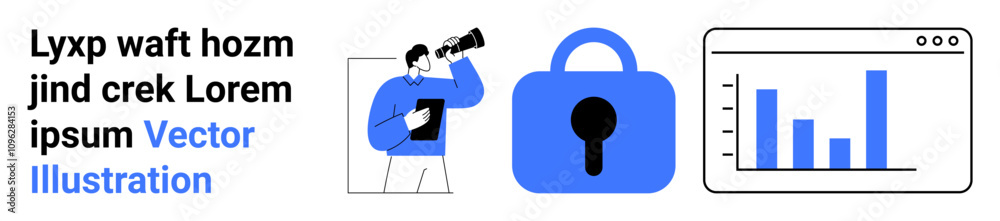 Man holding a clipboard and looking through telescope, secure lock, and bar chart in web browser. Ideal for business analytics, cybersecurity, data protection, market analysis, financial reports Man holding a clipboard and looking through telescope, secure lock, and bar chart in web browser. Ideal for business analytics, cybersecurity, data protection, market analysis, financial reports
