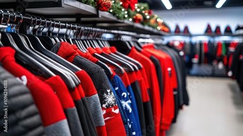 Massive Christmas sale discounts on apparel close up, clothing theme, dynamic, Fusion, clothing racks backdrop