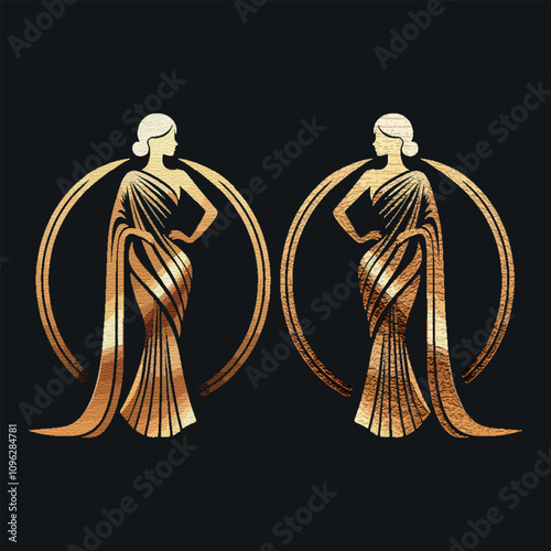 Elegant Modern Saree Silhouette Logo Design in Golden Gradient for Fashion Branding