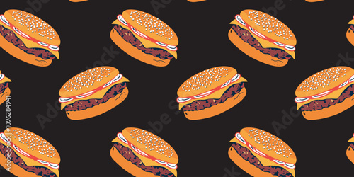 vibrant seamless pattern with appetizing burgers and juicy fillings