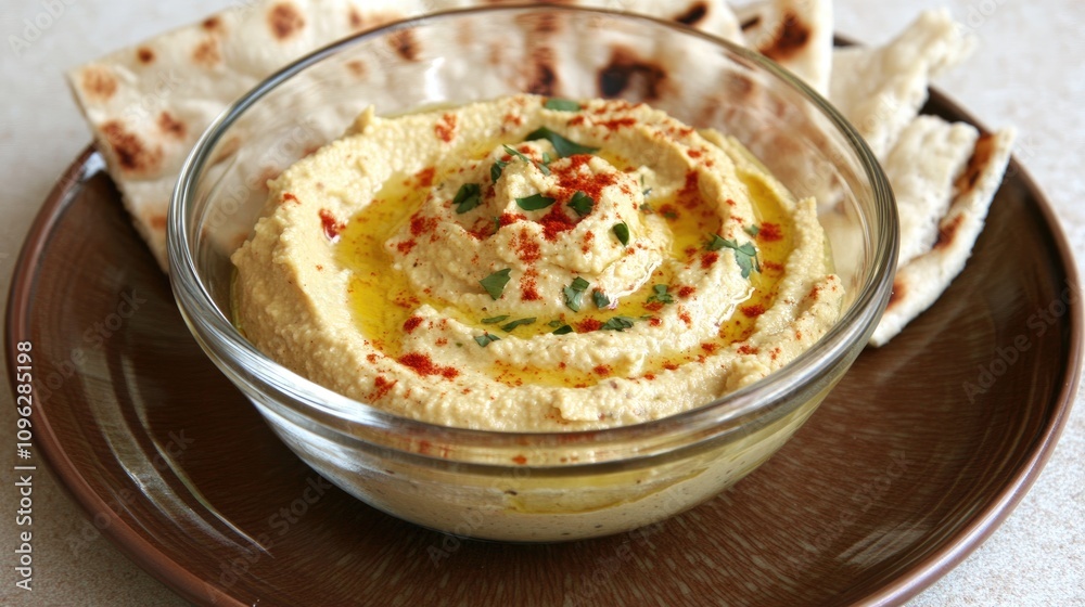 Hummus in a glass bowl topped with olive oil and paprika, accompanied by warm flatbread on a brown plate against a light backdrop. Hummus in a glass bowl topped with olive oil and paprika, accompanied by warm flatbread on a brown plate against a light backdrop.